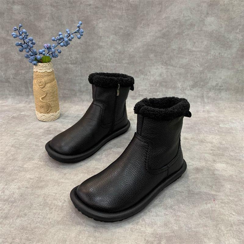 Flat Bottom Round Head Retro Zipper Snow Boots Women's Autumn and Winter New Velvet Thickened Fur Warm Integrated Short Boots