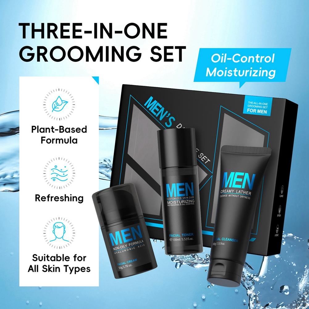 Men's Daily Skincare Set Facial Cleanser Toner Cream 3 In 1 Grooming Set