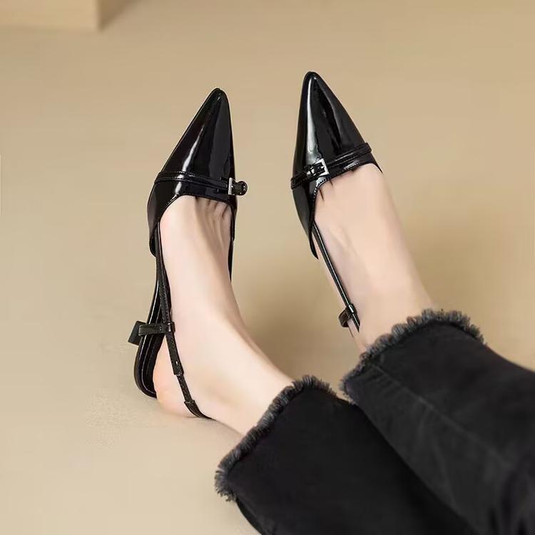French Elegant Pointed Toe Patent Leather Closed-Toe Slingback Heels Vintage Fairy Core Kitten Heel Sandals Women