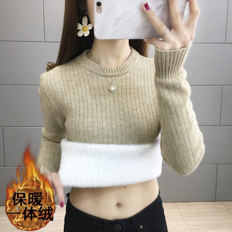 

Fleece thickened round neck integrated fleece sweater women s top autumn and winter knitted sweater slim bottoming shirt with long sleeves inside One size [recommended 80-60kg] светло-коричневого