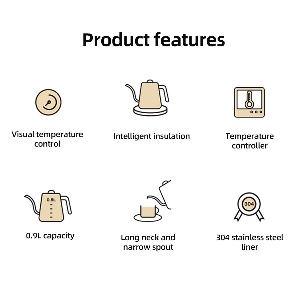 Gooseneck Electric Kettle 0.9L Temperature Control Stainless Steel Inner Quick Heating 1200W