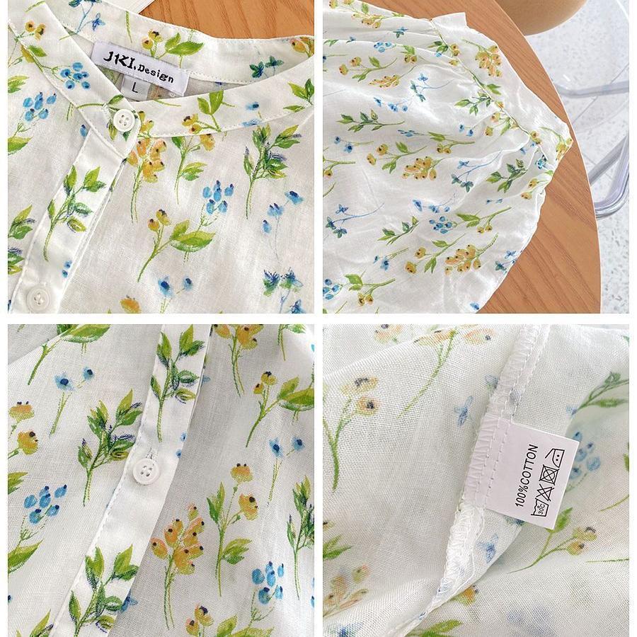 Women's Summer Floral Printed Shirt Korean Cotton Loose Tops Casual Blouses