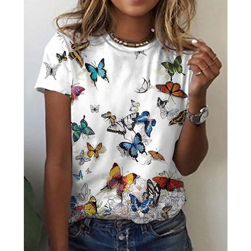 Letnie T-shirty damskie z krótkim rękawem, modne i codzienne, z okrągłym dekoltem i nadrukiem 3D motyla i ważki