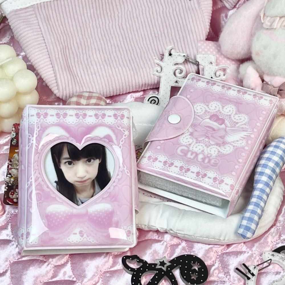 Pink Love Bow Card Album 3 Inch Mini PVC Photocard Binder Collectible Card Album with 16 Internal Pages Idol Card Collect Book