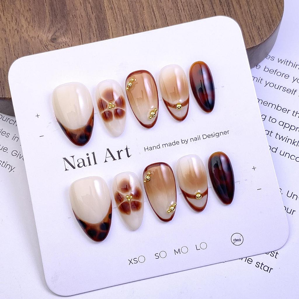 Elegant Brown Gradient Press-On Nails with Gold Beads – Autumn/Winter Luxury Style