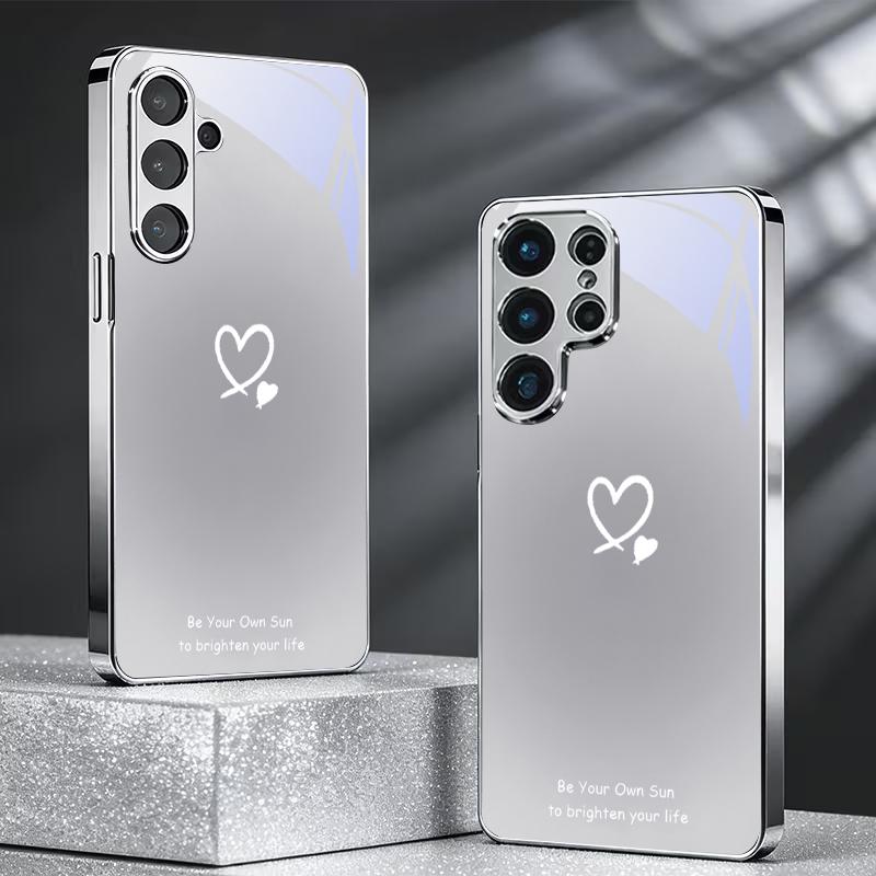 Line Art Love Heart Electroplated Silver Phone Case For Samsung S24 S21 20 Ultra S22 FE S23 Plus S25 S26 Note 10 20 Glass Cover