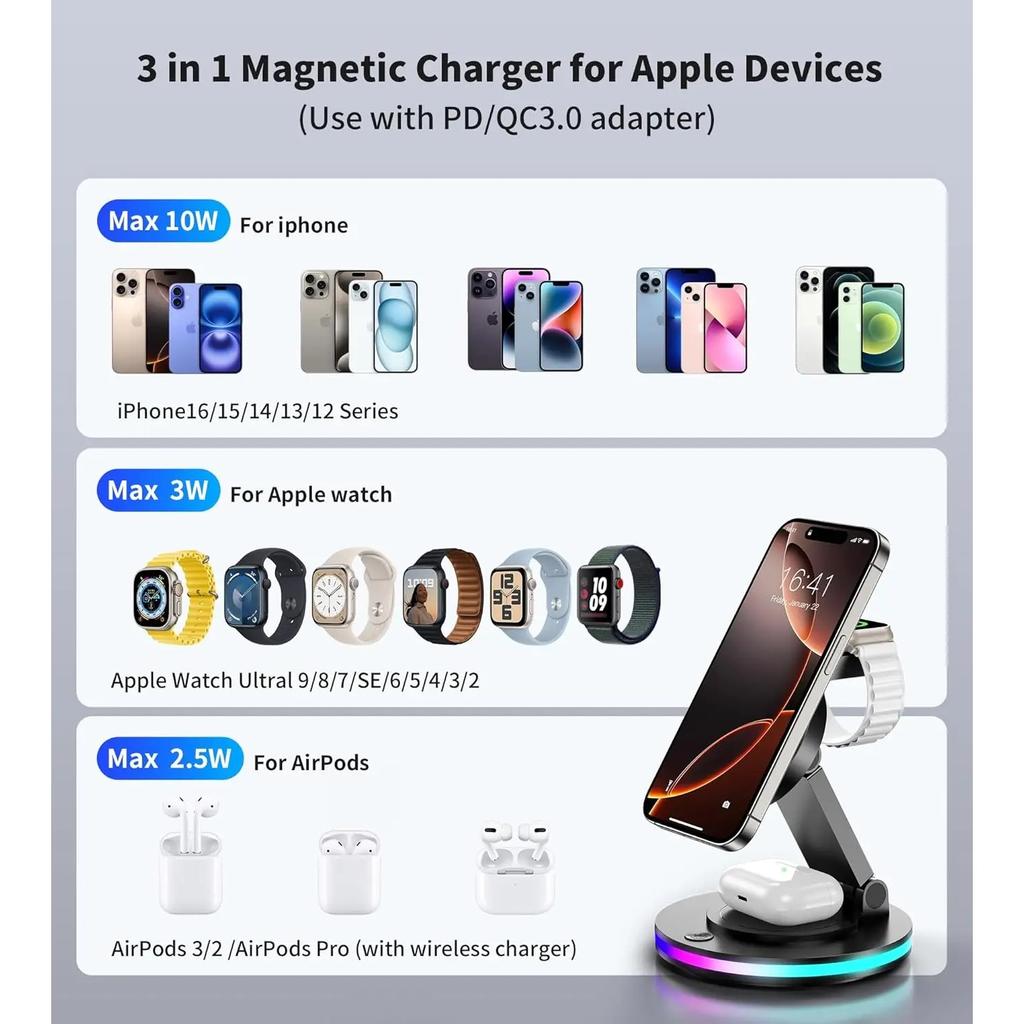 Magnetic Wireless Charging Station for iPhone 16 15 14 Foldable Rotating Light Adjustment 3-in-1 15W Fast Mag-Safe Charger Stand