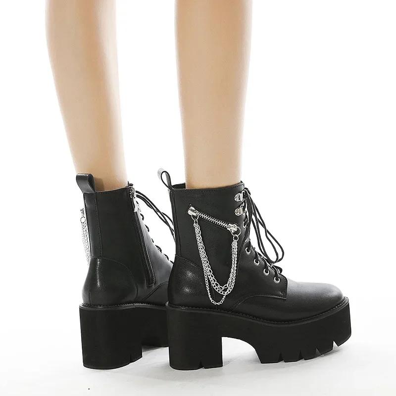 Fashion 2024 Gothic Black Ankle Boots For Women Plus High Heel Female Shoes Lace-Up Nigh Club Black Sexy Rivets Chain Short Boots