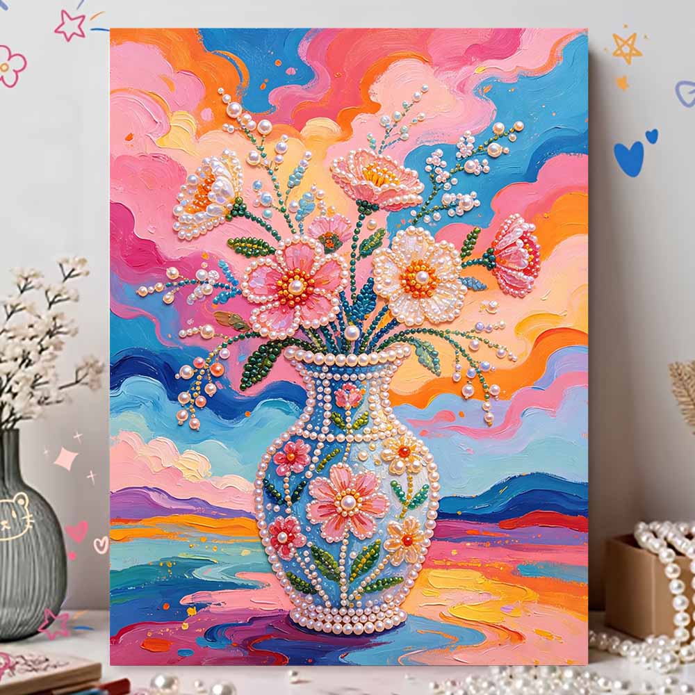 Handmade Pearl Painting Kit Vibrant Floral Vase DIY Frameless 3D Bead Art Canvas Creative Leisure Home Decoration Gift