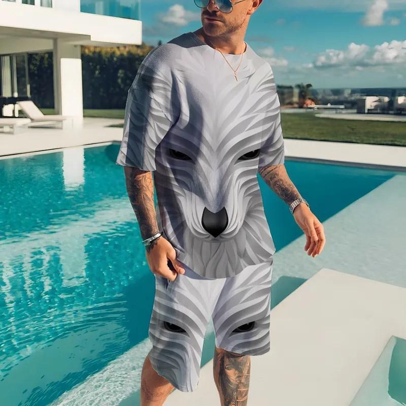 Summer Men's Animal T-shirt Set Printed Animal Pattern Sportswear Set Fashion Sweatshirt T-shirt Two Piece Set