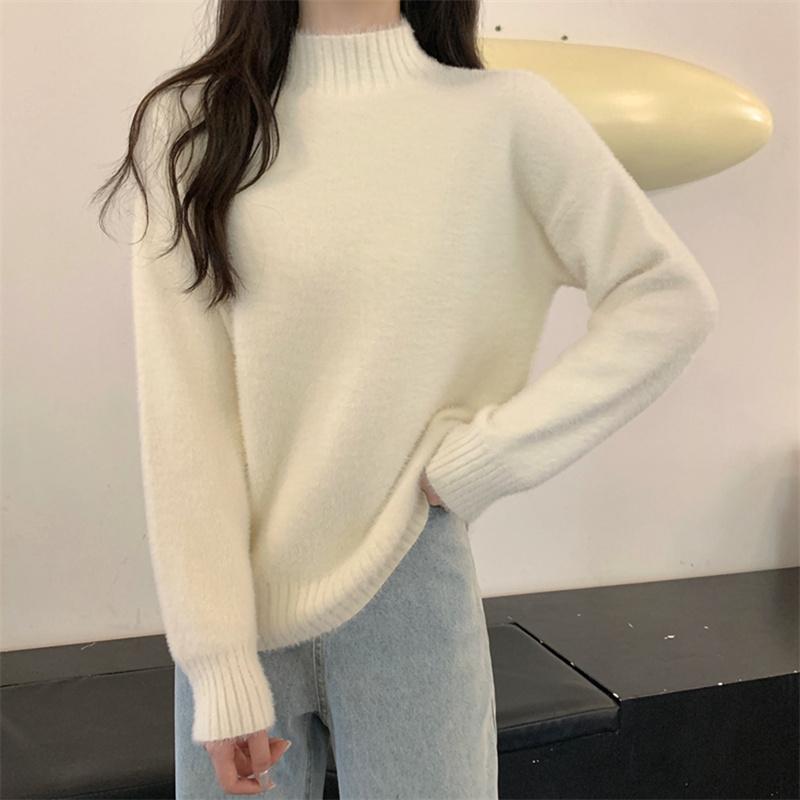 Hirsionsan повседневные однотонные теплые пуловеры женские свободные водолазки базовый вязаный свитер женский зимний простой мягкий нежный джемпер с длинными рукавами one size абрикосовый 2716₽