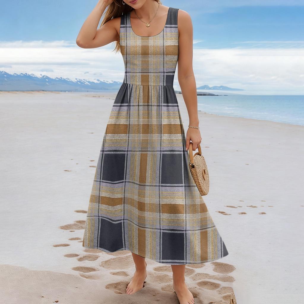 Ladies' Checkered Summer Casual and Fashionable Sleeveless Long Dress