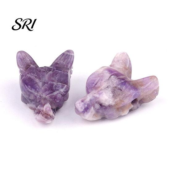 Ornamento de Pedra com Cabeça de Lobo de Ametista Escultura de Paisagem em Miniatura Textura de Cristal Contas DIY Feitas à Mão e Design Polido Decorativo para Pulseiras