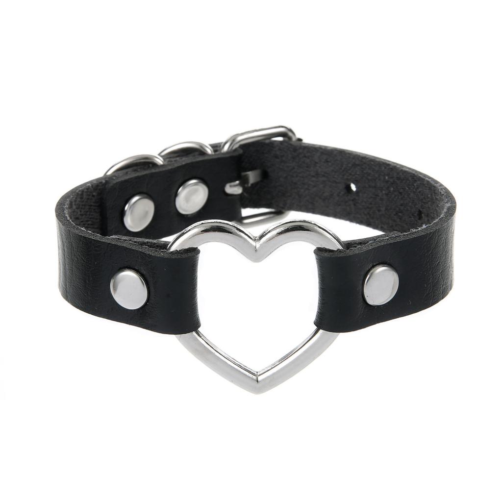 Silvery Heart Gothic Studded Bracelet Pu Leather Adjustable Black Wristband Rock Punk Cuff Bangles
