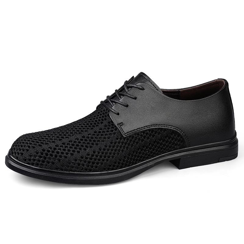 Men s Genuine Leather Lace-up Casual Shoes - Breathable Handmade Flyknit Mesh Large Size Shoes 43