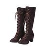 Stivali da Donna Medievali Vittoriani Al Ginocchio in Pelle Scamosciata Gotica con Tacco Chunky e Lacci Scarpe a Mezza Gamba Costume Cosplay
