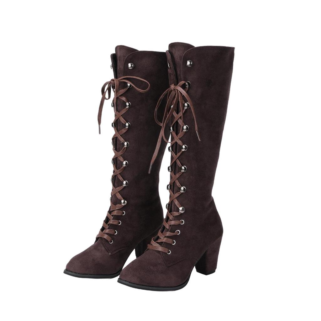 Stivali da Donna Medievali Vittoriani Al Ginocchio in Pelle Scamosciata Gotica con Tacco Chunky e Lacci Scarpe a Mezza Gamba Costume Cosplay