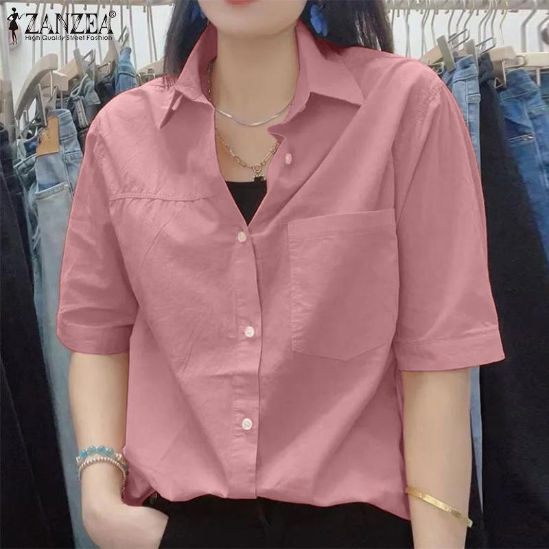 ZANZEA Womens Turn Down Collar Summer Half Sleeve Blouse