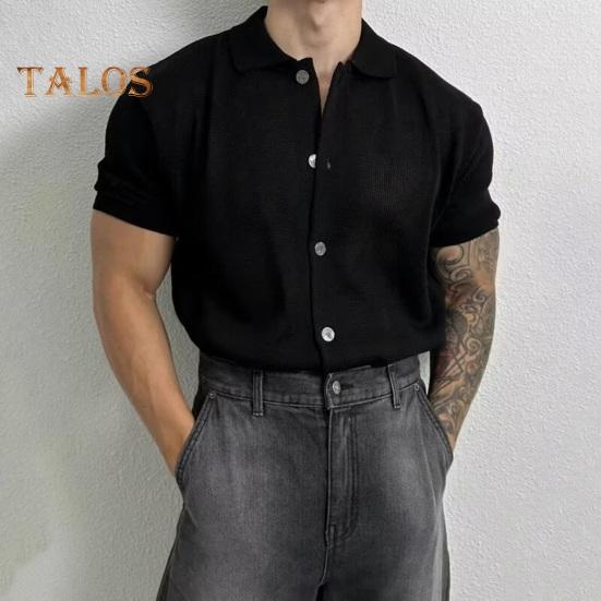 Summer Men Shirt Knitted Short Sleeves Turn-down Collar Single-breasted Stretchy Solid Color Cardigan Loose Daily Wear Casual Top
