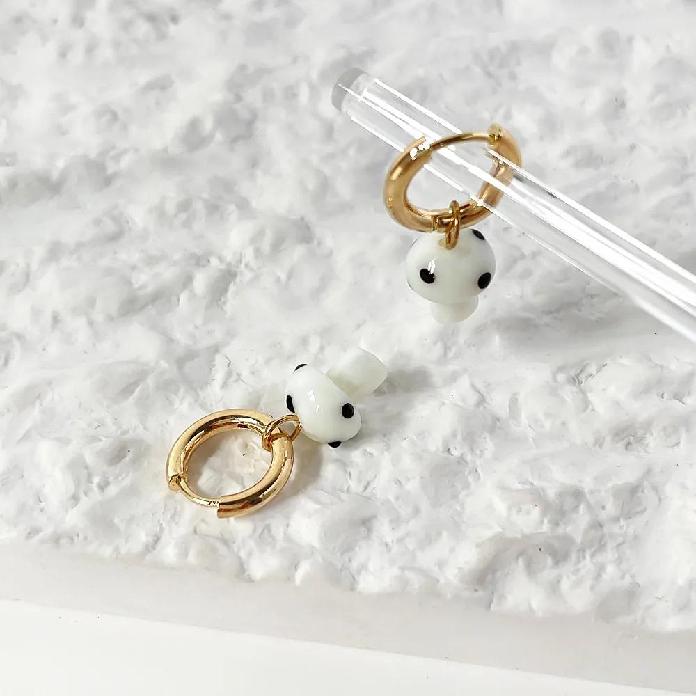 Cute Multicolor Ceramic Mushroom Planet Long Hoop Earrings for Women 14K Gold Plated Brass Dangle Jewelry