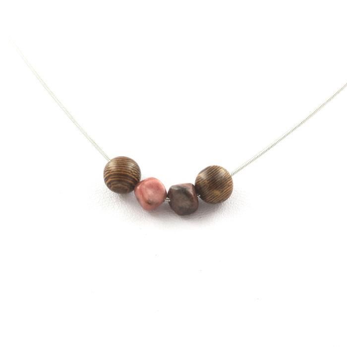Collier - A Bijoux - Rhodochrosite du Brésil - Perles bois 8 mm - Acier inoxydable - Longueur personnalisable