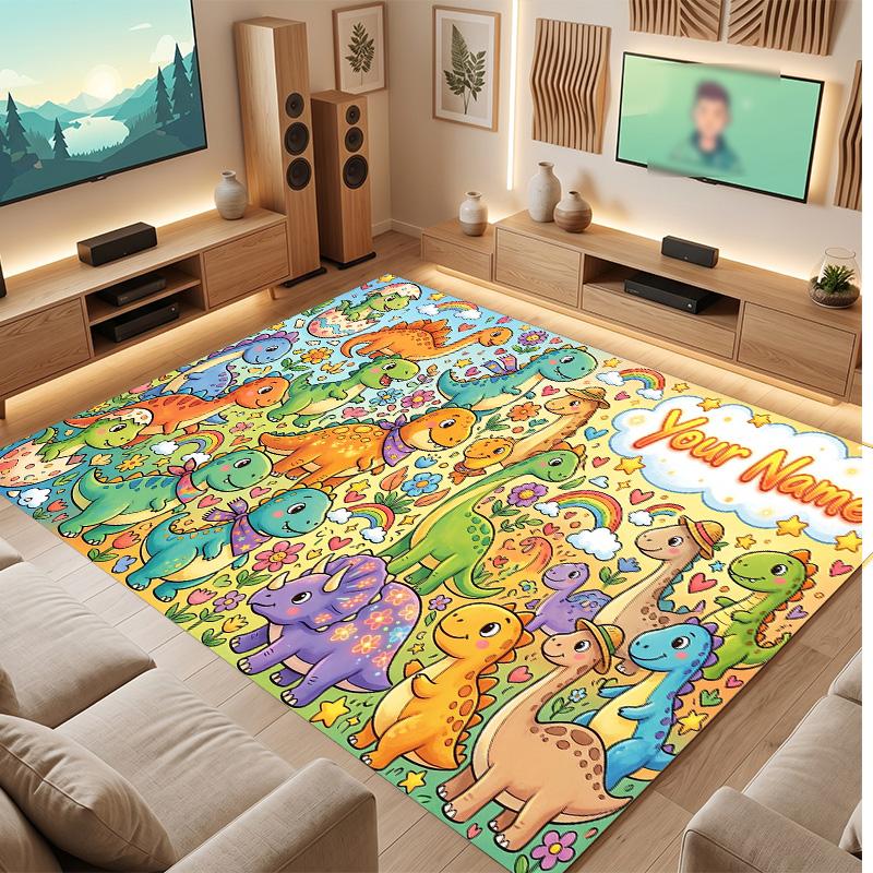 Dinosaur Theme Soft Crystal Velvet Rug Custom Name & Text Print Non Slip Floor Rug for Bedroom Living Room