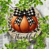Autumn Pumpkin Thanksgiving Metal Sign Wall Decor 7.87x7.87 Inch Round Rustproof Aluminum with Plaid Bow Home Office