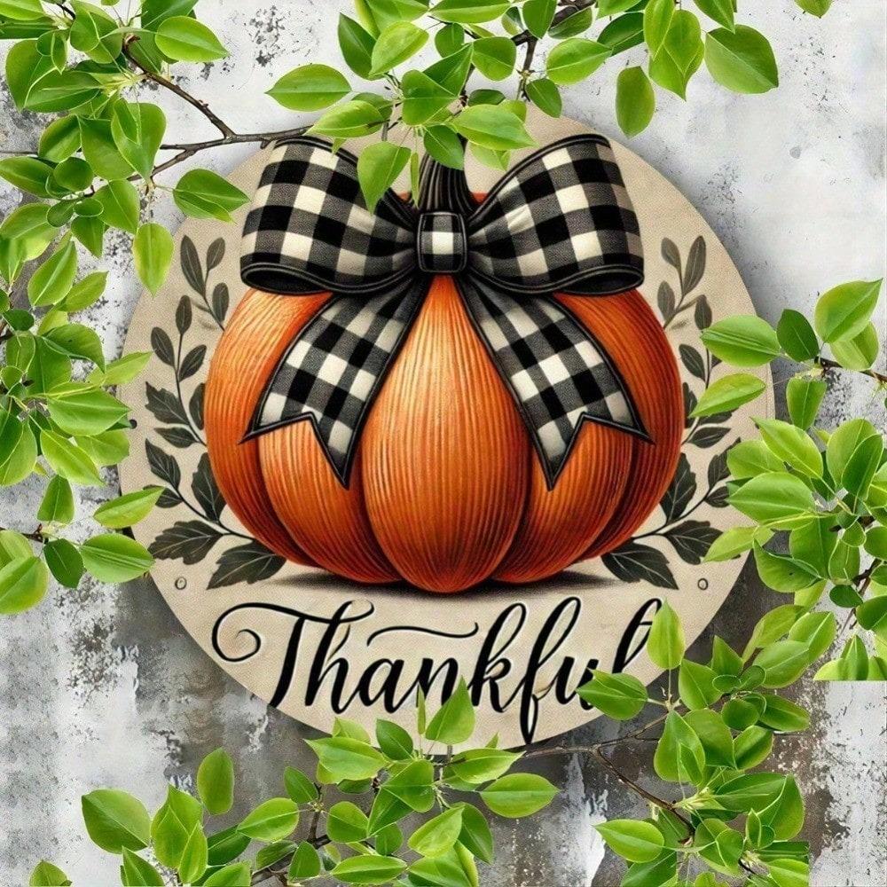 Autumn Pumpkin Thanksgiving Metal Sign Wall Decor 7.87x7.87 Inch Round Rustproof Aluminum with Plaid Bow Home Office