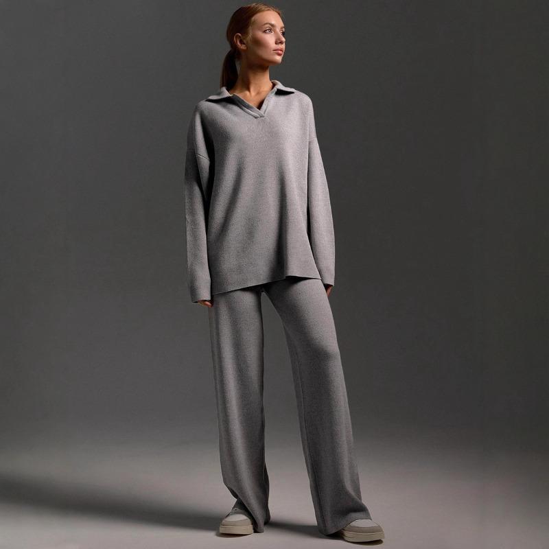 New Fall/Winter Women's Two-Piece Set Polo-Neck Knit Pullover and Wide-Leg Pants