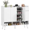 Shoe Cabinet with Handle-Free Design, 4 Doors, 4 Adjustable Shelves, Freestanding Shoe Rack with 5 Wooden Legs, Wood, White