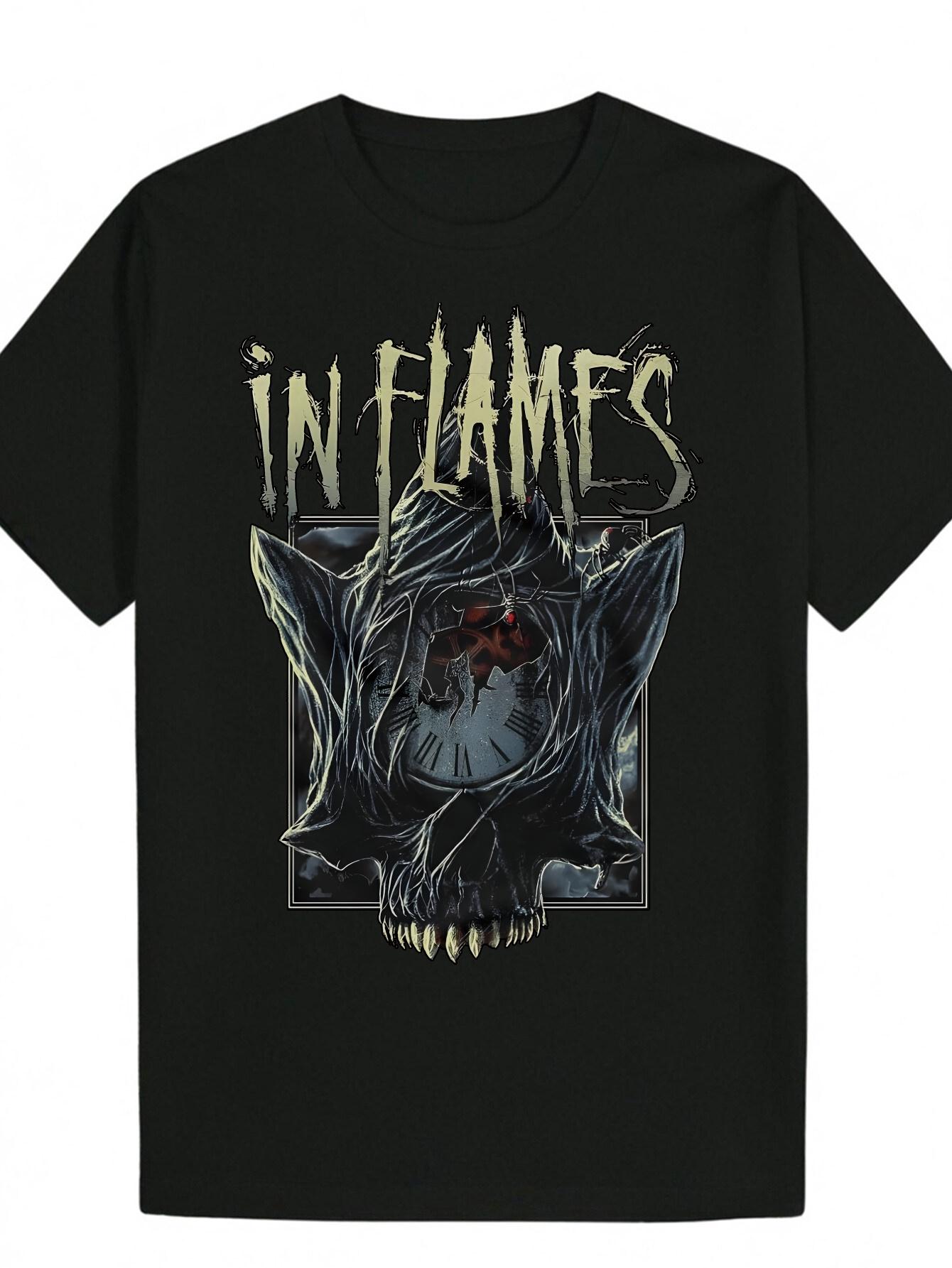 Men s Gothic Style Skull Vine Printed T-shirt with IN FLAMES Lettering - Concert Daily Wear Streetwear Top - Men s Summer Cot S разноцветный 1470₽