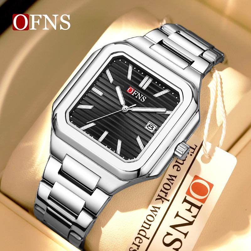 OFNS Luminous Square Steel Band Quartz Watch with Calendar
