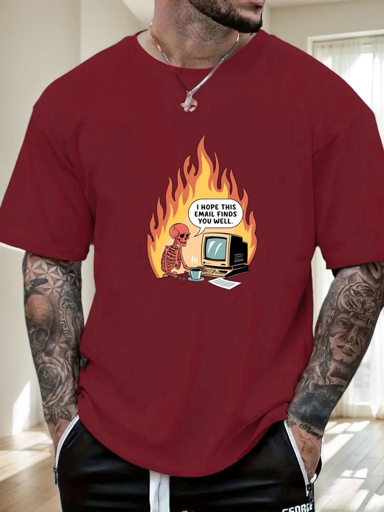 Mens Casual Tshirt Skeleton Flame Email Print Short Sleeve Round Neck Breathable Soft Oversized Humorous Daily Tee