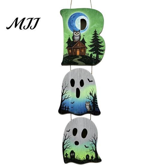 Creative Party Background Prop Halloween Wooden BOO Hanging Sign, Letter Pendants, Vintage Ghost Pumpkin Black Cat Durable Waterproof Wood Sign