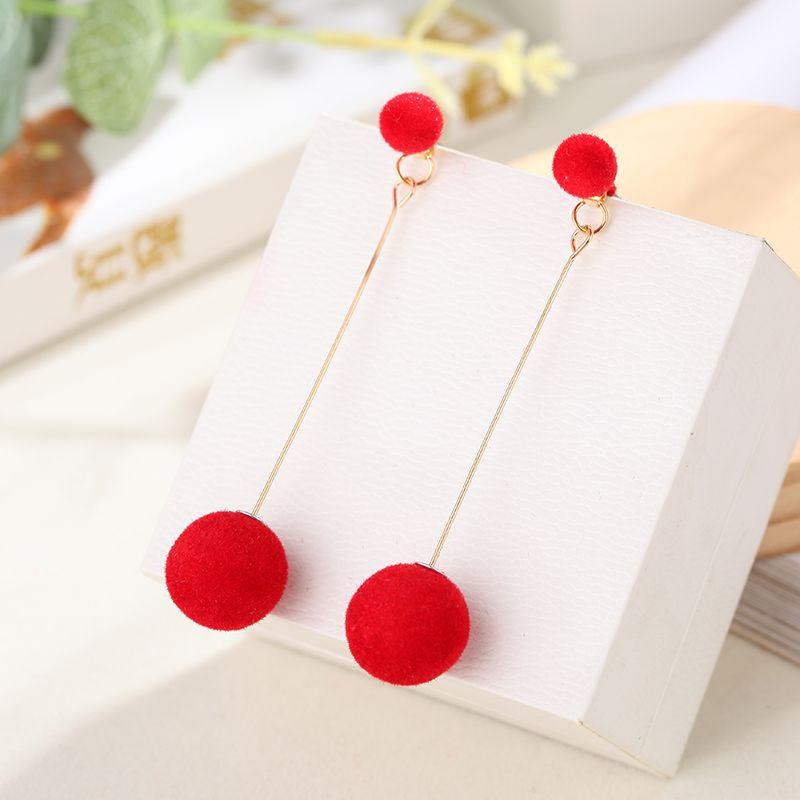 Artificial Hair Ball Drop Earrings for Women Winter Round Long Tassel Earrings Statement Red Black Ear Jewelry