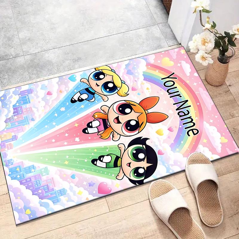 Powerpuff Design Area Rug Personalized Name- Non-Slip, Soft & Cozy Floor Mat for Living Room, Office - Indoor/Outdoor Carpet