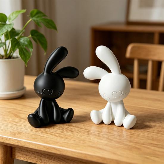 1 Pair Bunny Figurine 3D Printed Cute Black And White Rabbit Decoration for Office Desktop Bedroom Car Dashboard Home Decor