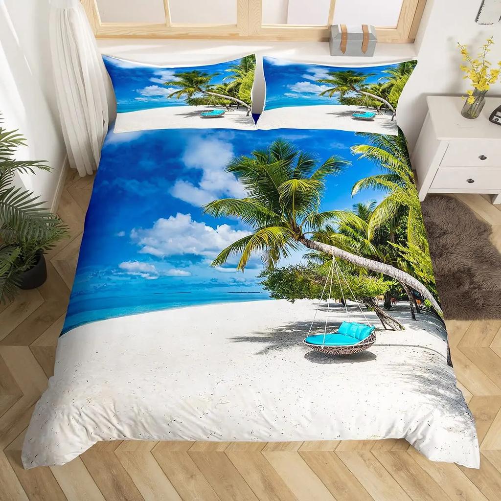 Hawaii Vacation Beach Duvet Cover Cartoon Surfing Quilt Cover Microfiber Tropical Palm Tree Starfish Ocean Landscape Bedding Set