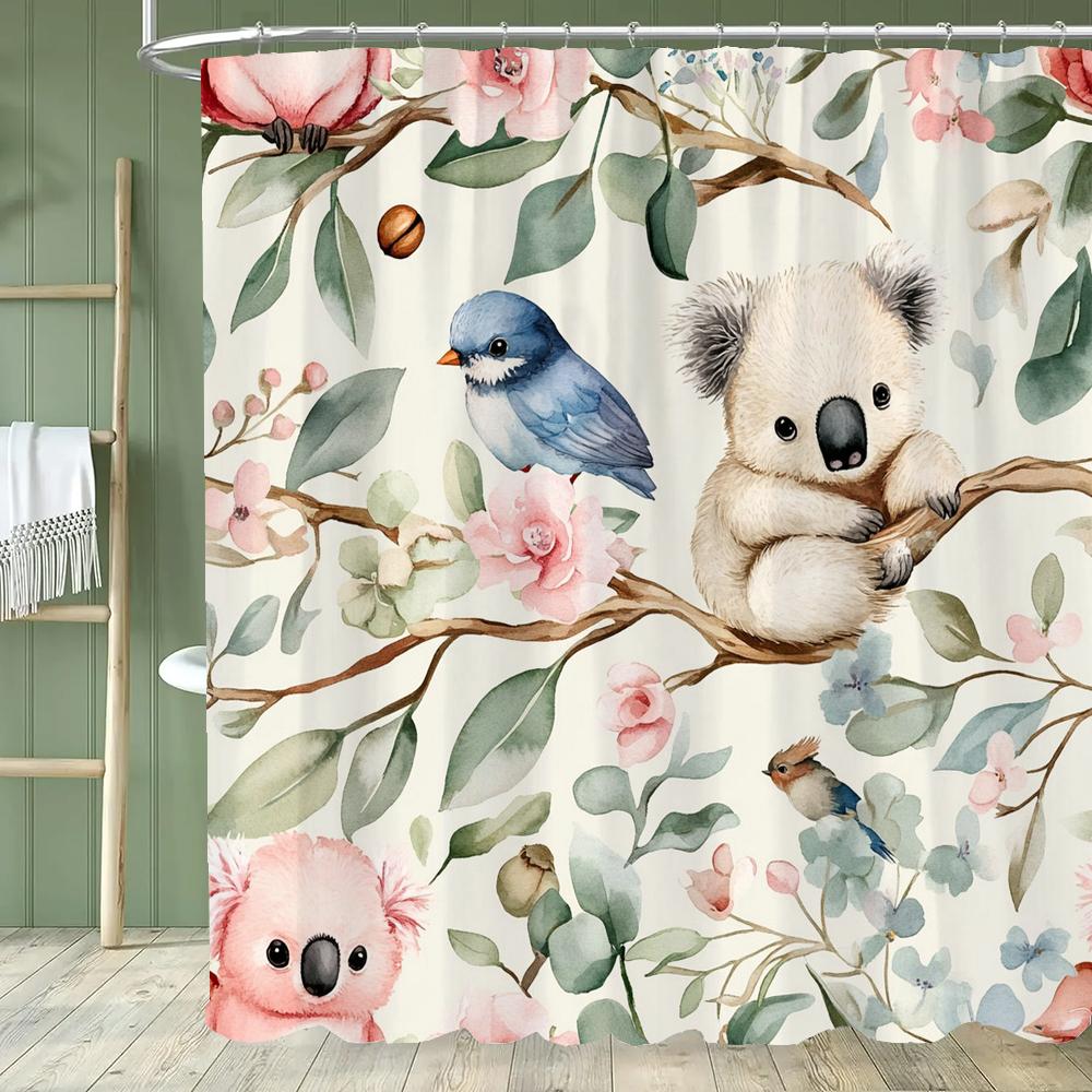 Cartoon Cat Shower Curtain, Bathroom Decorative Flowers Shower Curtains, Home Printed Polyester Fabric Curtain with Hooks