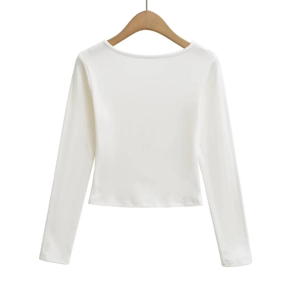 Spicy Girl Lace Patchwork Deep V-Neck Long Sleeve T-Shirt for Women - Slim Fit Brushed Base Layer for Autumn/Winter