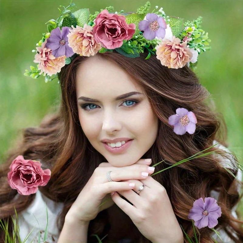 20 Pcs Flower Heads, Mini Artificial Flowers, Green, Purple, Pink, Wedding Bridal Headpieces, Flowers