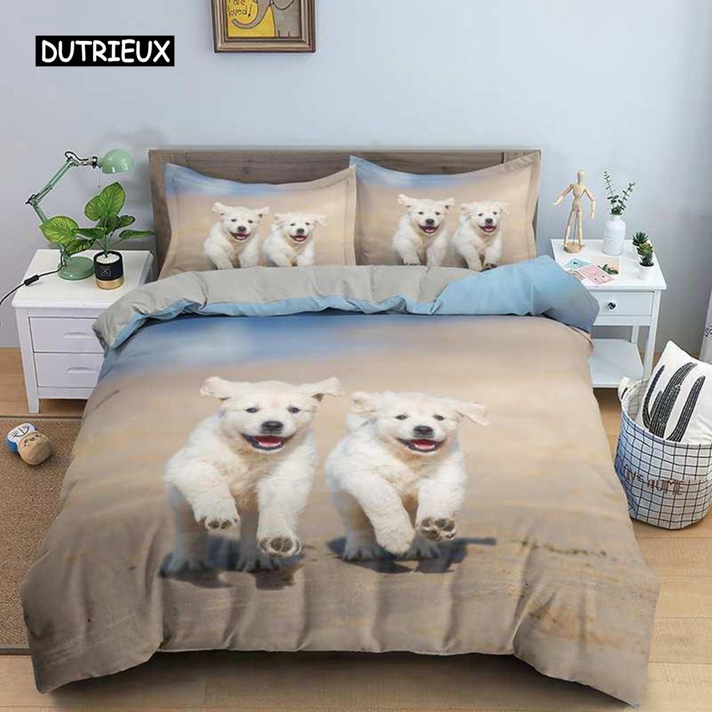 Dog Duvet Cover Set Golden Retriever Queen Size Bedding Set for Boys Girls Microfiber 3D Pet Themed Animal Funny Dog Quilt Cover