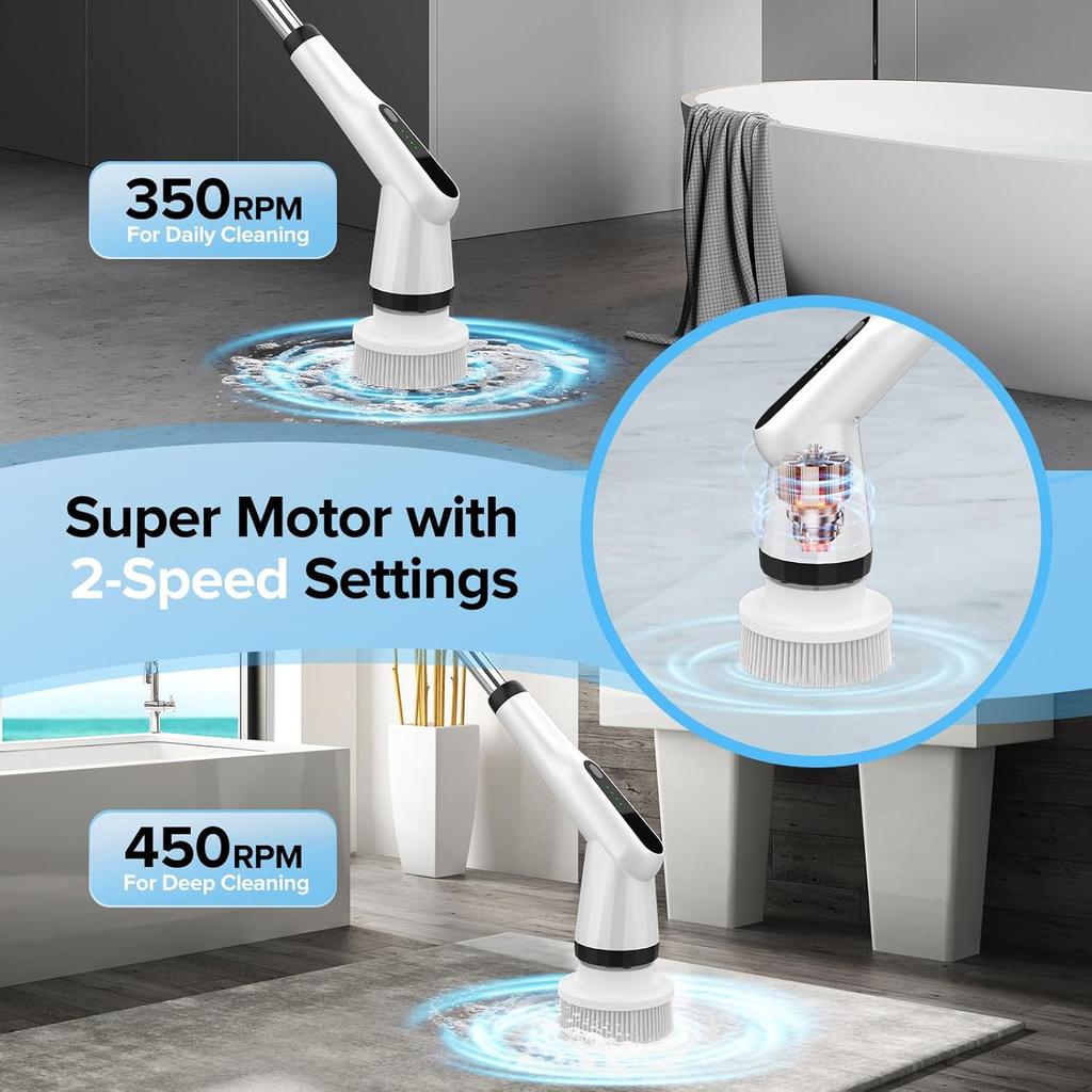 Electric Spin Scrubber, Dreazu IPX7 Bathroom Scrubber with 7 Replaceable Brush Heads & Retractable Handle, 2-Speed Adjustable Shower Cleaner Brush
