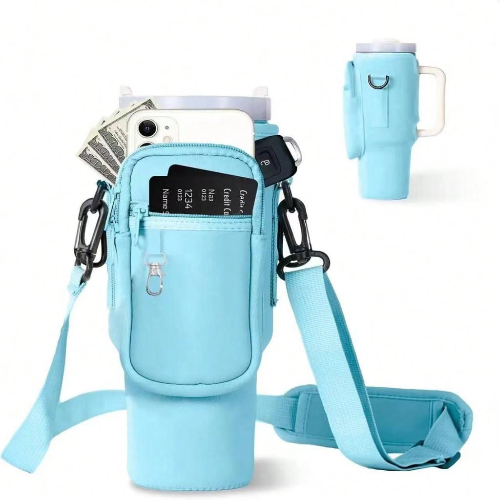 1PC Water Bottle Carrier Bag With Phone Pocket,Suitable For 40/30 Oz Tumbler With Handle With Adjustable Strap Bollus Hiking Travelling Camping
