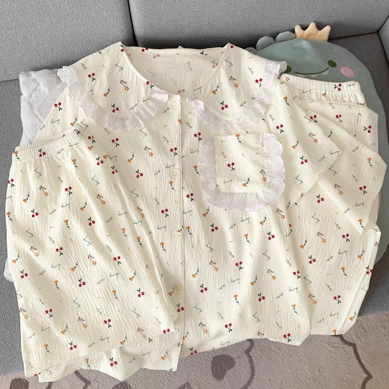 Little Cherry Premium Cloud Cotton Pajamas Women'S Summer Doll Collar Lace Loungewear Three-Piece Set