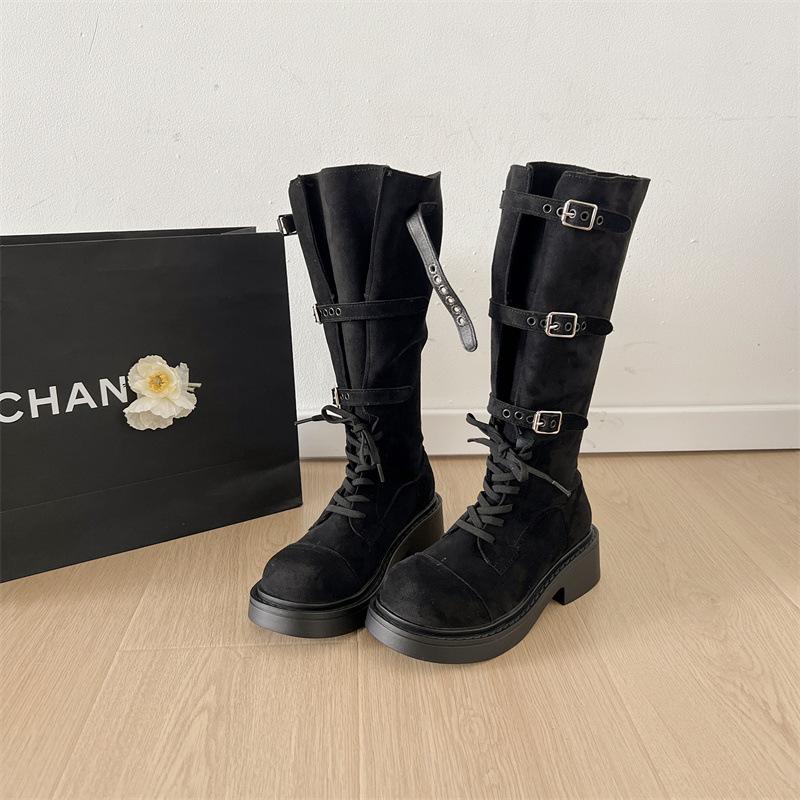 

Fashion western knight boots women s 2025 spring and summer new brown retro belt buckle lace-up British women s boots 35 чёрный