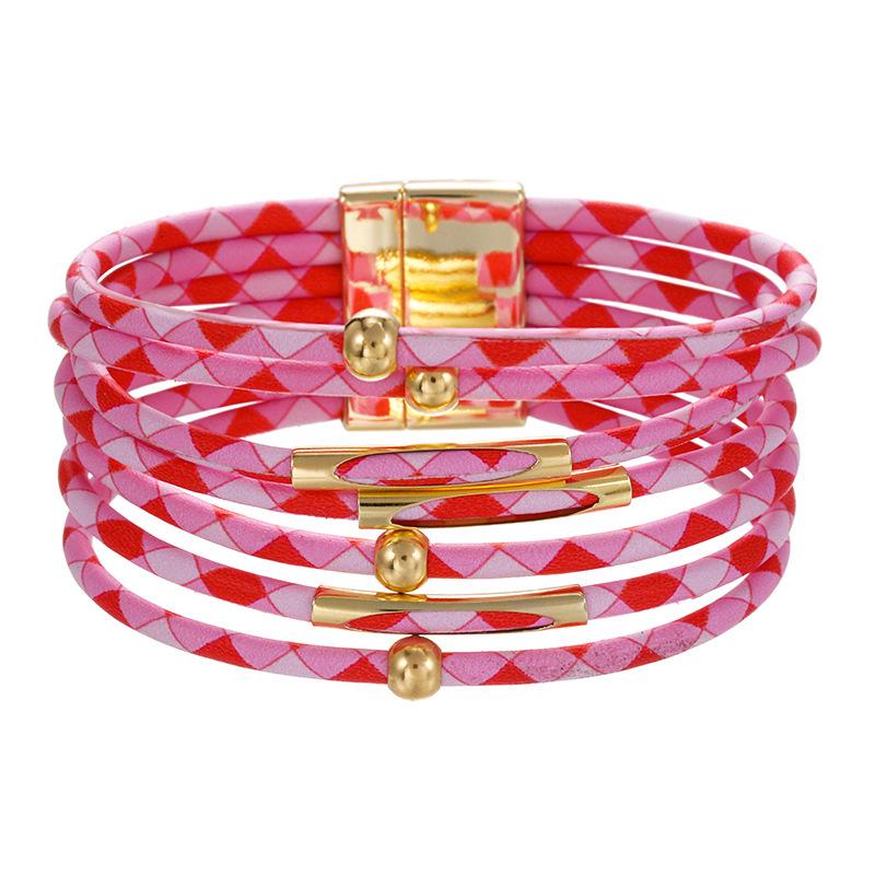 Leopard Print Magnetic Buckle Leather Bracelet: Alloy Beaded Cord with Copper Tube