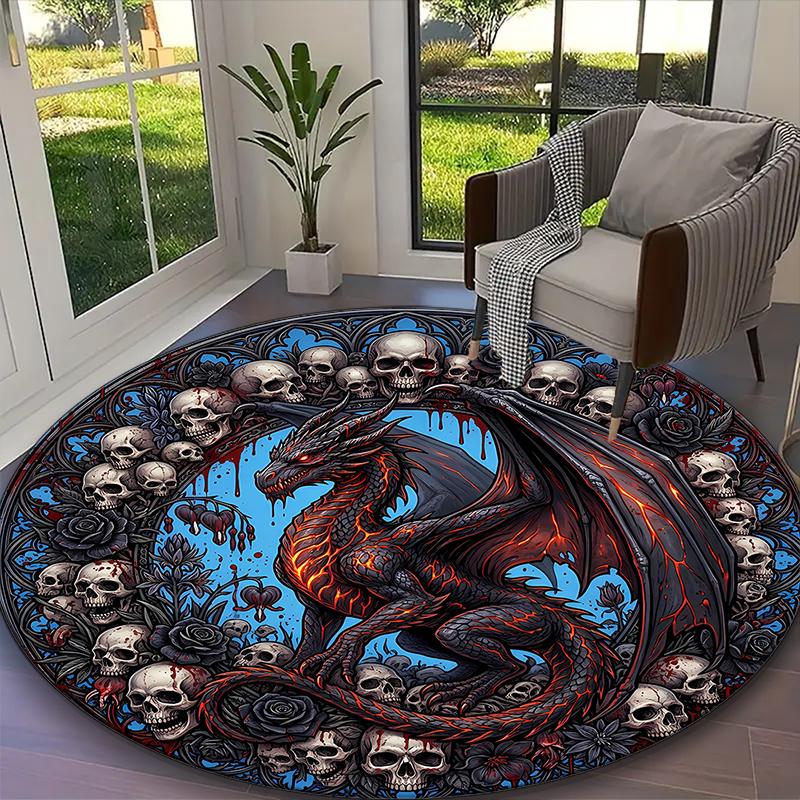 Ancient Green Dragon Rug Ideal for Reading Room, Multi-purpose Office Chair Sofa Carpet, Anti-slip Printed Home Round Rug