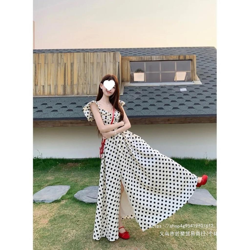 Super Fairy French High-end Polka Dot Dress for Women's Summer New Pleated Waist and Thin Temperament Flying Sleeve Long Dress