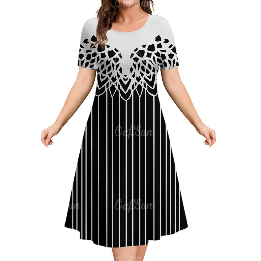 Damen Sommerkleider Vintage Bedruckt Mode Kurzarm Rundhals Kleider